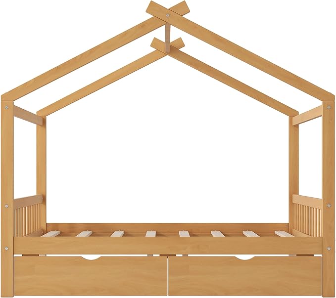 Harper & Bright Designs Full Size House Bed Frame for Kids, Wood Playhouse Platform Bed Frame with Two Drawers and Fence, Roof Design, Natural