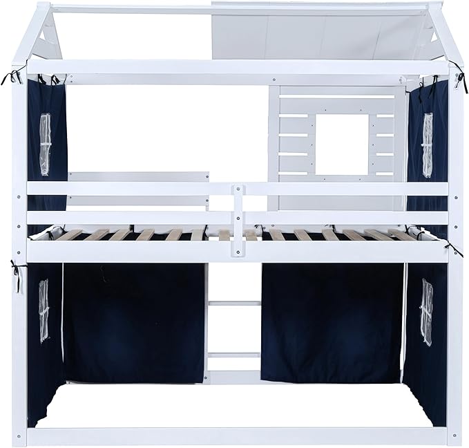 Full Size House Bed Tent Bed with Windows for Kids Teens Boys Girls, Solid Wood Bunk Bed Frame with Guardrails, Versatile Spacious Under Bed Space with Curtains (Blue-Tent Full)
