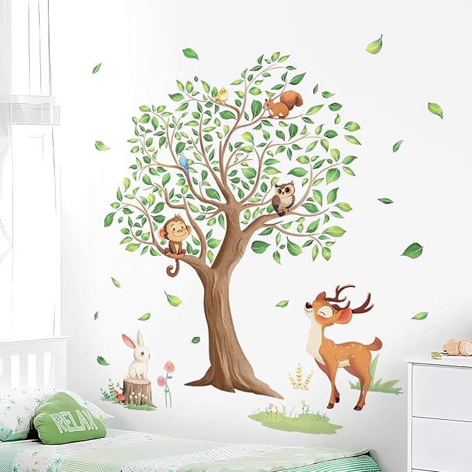Tanlaby Jungle Animals Large Tree Wall Stickers Cartoon Animal Monkey Deer Wall Decals Peel and Stick Art Decor for Baby Nursery Kids Bedroom Playroom Toddler Room (H: 54 in)