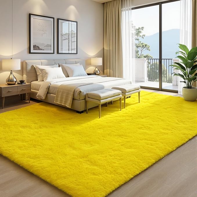 EVOIONOS 5x7 Washable Large Area Rug for Living Room, Fluffy Shag Rug for Bedroom, Ultra Soft Plush Non Slip Carpet for Indoor Floor Bedside Nursery Kids Girls Room Dorm, Home Decor Aesthetic, Yellow