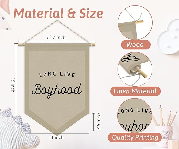 Boys Room Decor, Long Live Boyhood Linen Canvas Banner, Boy Nursery Wall Hanging Pennant Flag Banner for Boys Kids Toddler Room Bedroom Playroom Decor, 15x11in - Neutral