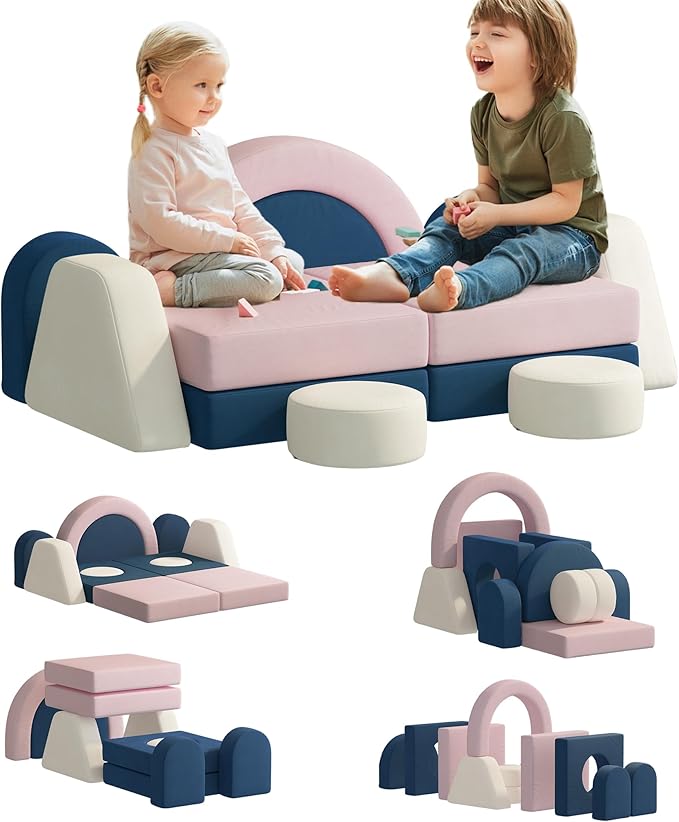12 PCS Modular Kids Play Block Couch Child Sectional Soft Sofa Toddler Building Fortplay Climbing Bedroom Playroom Baby Convertible Floor Foam Cushion for Boys & Girls (Pink+Blue+Beige)