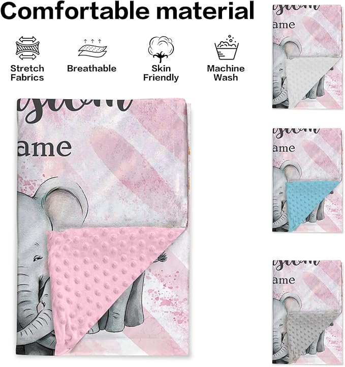 Personalized Baby Blankets for Girls, Custom Name Pink Elephant Baby Blanket, Soft Receiving Blanket for Newborns and Toddlers, Ideal for Baby Showers and Nursery Decor