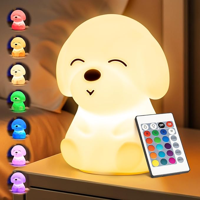Mubarek Kids Night Light Cute Lamp, Remote+16 Colors Night Lamp for Bedroom, Dimmable Night Light, Timer for Kids Lamp, Battery Operated Kawaii Room Decor,Cute Dog Gifts Small Size