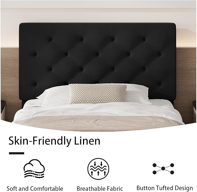 BarnFurin Twin Bed Frame, Upholstered Platform Bed with Button Tufted Headboard, Fabric Bed Frame with Wooden Slats Support, No Box Spring Required, Easy Assembly, Black