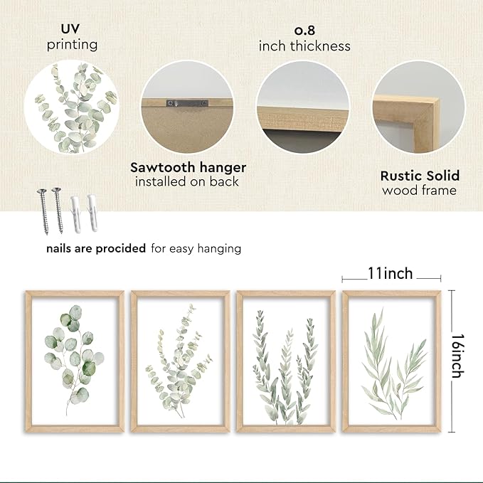 YWJKWLGS Botanical Watercolor Prints Sign Sage Green Eucalyptus Wall Decor 11x16 Inch Set of 4 Minimalist Wood Framed for Bathroom Laundry Room Office Wall Hanging Art (Wood)
