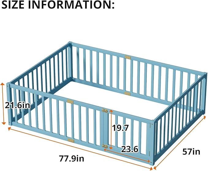 LLS Full Size Floor Bed with 21.6" High Fence for Kids Boys Girls, Solid Wood Multifunctional Montessori Bed Frame with Door, Without Slats, Sky