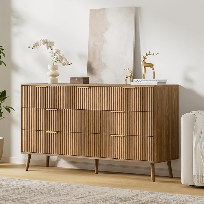 LYNSOM 55" Wide Fluted Dresser for Bedroom with 6 Drawer, Modern Chest of Drawers with Curved Profile Design and Metal Handles, Wood Dresser TV Stand & Storage Organizer for Living Room, Walnut