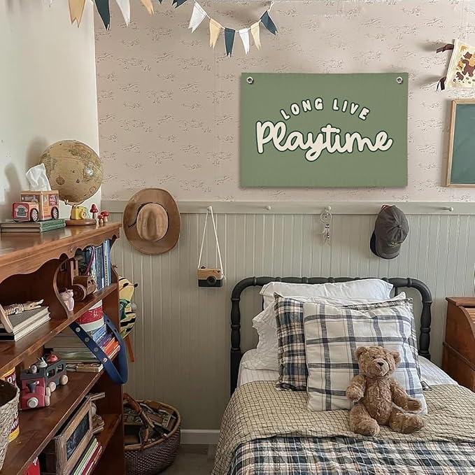 Playroom Decor for Boy, Long Live Playtime Wall Hanging Linen Banner, Blue Striped Wall Flag for Kids Room Nursery Playroom Decor, 20x30 Inch-Green