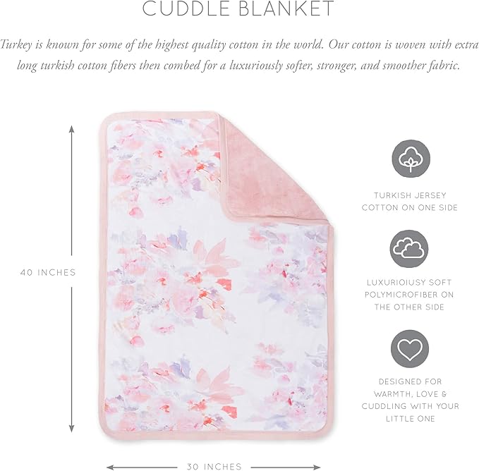 Oilo Baby Blanket, Luxury Soft Plush Chenille Backing & Turkish Cotton Jersey Print, Double Layered, 30" x 40", Rolled Jersey Edge Trim, Machine Wash, Perfect for Infant or Toddlers, Prim Floral