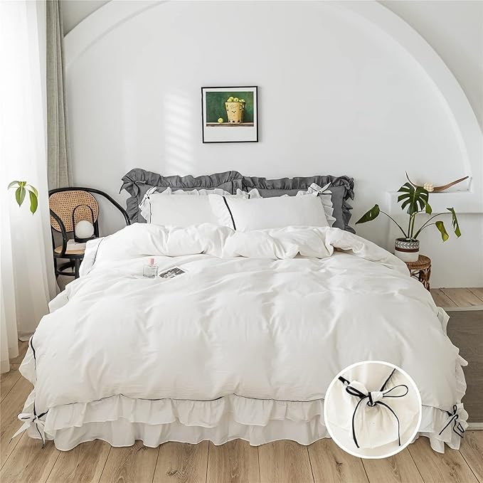 Ruffled Bedding Bow Duvet Cover Set with Butterfly Tie, Soft Brushed Microfiber Shabby Chic Bedding Set with Zipper Closure for Kids Girls-White,Twin