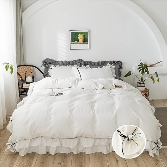 Ruffled Bedding Bow Duvet Cover Set with Butterfly Tie, Soft Brushed Microfiber Shabby Chic Bedding Set with Zipper Closure for Kids Girls-White,Twin
