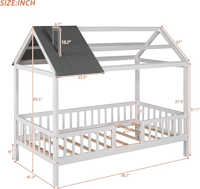 Bellemave Twin House BedFrame with Roof, Montessori Floor Bed, House Bed with Rails for Kids, White+Gray