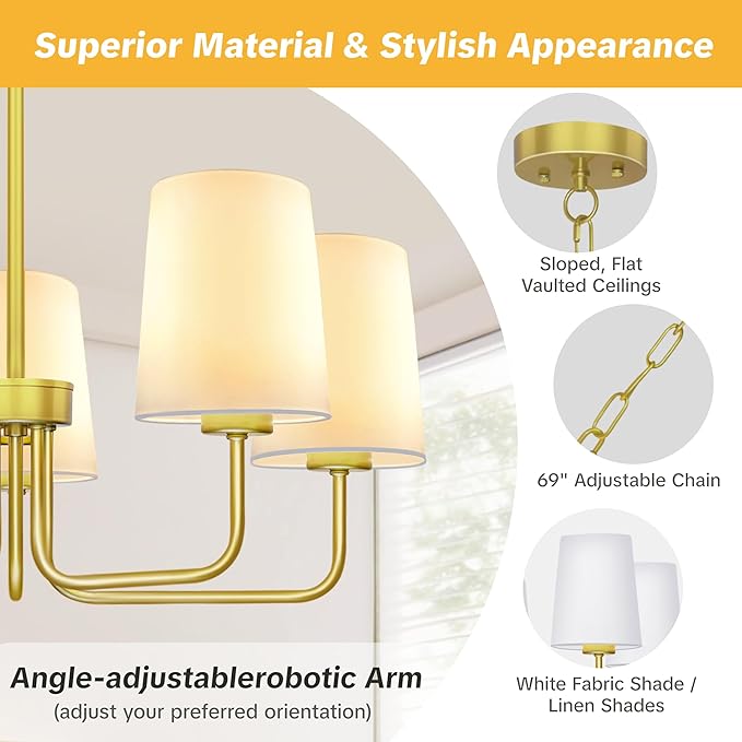 Farmhouse Chandelier, 5-Light Gold Chandelier with White Fabric Shade, Height Adjustable Modern Dining Room Light Fixture with E26 Base for Bedroom Foyer Hallway Entryway Kitchen Living Room