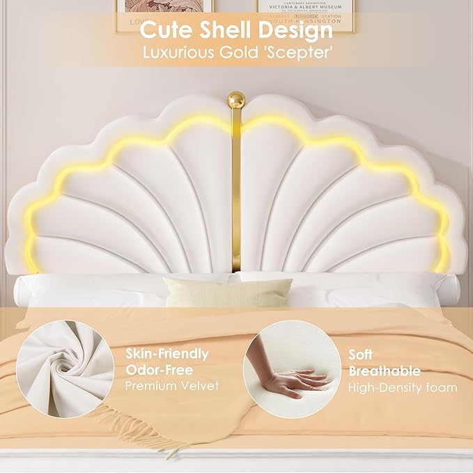 Keyluv Queen Princess Bed Frame with Storage Drawers, Soft Velvet Upholstered LED Platform Bed with Adjustable Modern Shell Headboard, No Box Spring Needed, Noise-Free, Beige