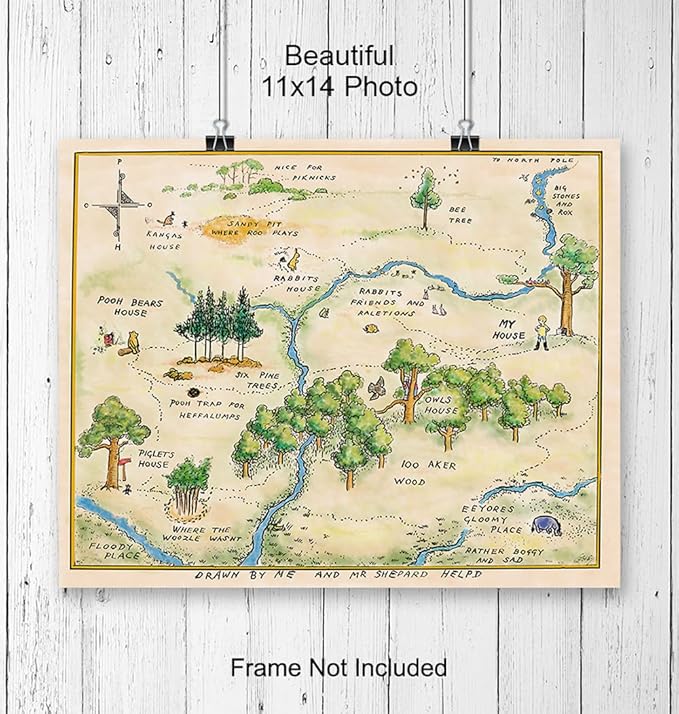 Winnie Pooh Nursery Decor - LARGE 11X14 - Toddler Baby Room Wall Art - Little Boys Bedroom Decor - Baby Shower Decorations - Vintage Hundred Acre Wood - Kids Wall Art - Girls Room Decor