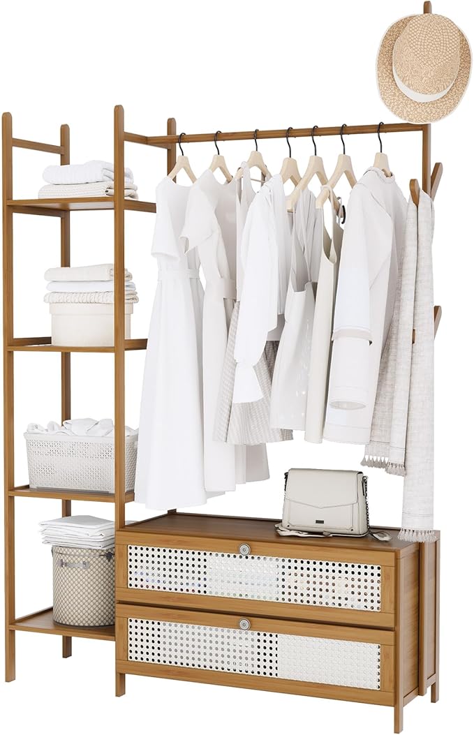 Bamboo Clothes Rack,Garment Rack with Drawers and Shelves,5 Tier Storage Shelves with 6 Hanging Hooks,Wardrobe Closet for Entryway Guestroom Kids Bedroom (39.4inch Width Tawny with Rattan Door)