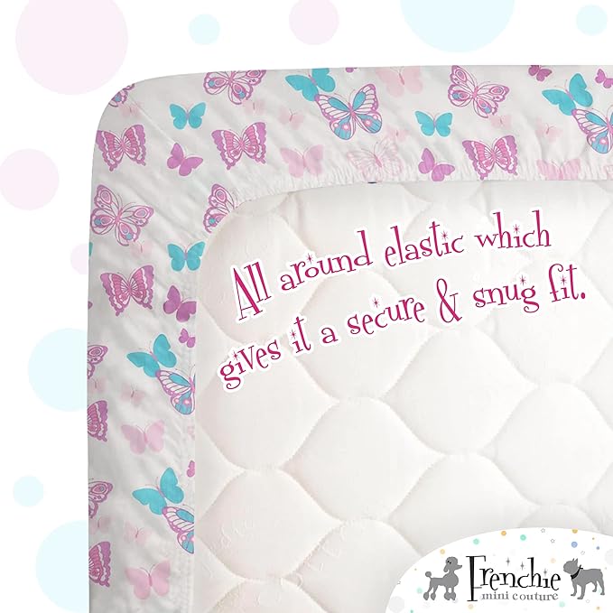 Frenchie Mini Couture, 2-Piece Kids Twin Sheets Set, 100% Woven Cotton, Deep Pocket Bed Sheet 39 x 75 x 15in + Pillowcase 20 x 30, Butterfly (White)