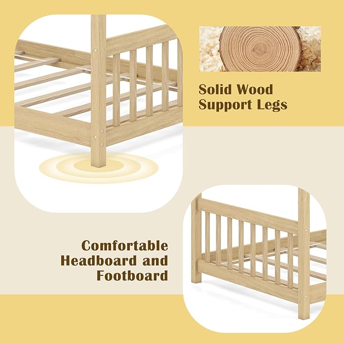 Giantex House Bed Twin, Solid Wood Kids House Bed with Roof, Headboard and Footboard, Low Floor Twin Bed Frame for Kids Teens Girls Boys, No Box Spring Needed, Natrual