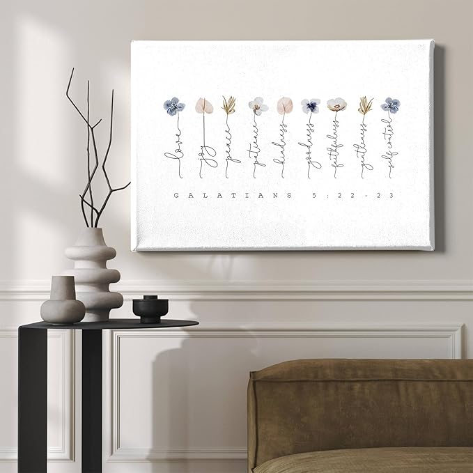 Galatians 5 22-23 Wall Art Fruit of the Spirit Picture Floral Scripture Wall Art Minimalist Flower Posters Bible Verse Quotes Plant Floral Pictures Modern Flower Poster for Bedroom 16x24in with Frame