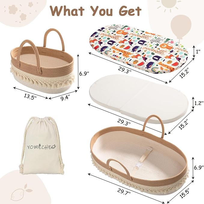 Baby Changing Basket, Boho Moses Baskets for Newborn, Baby Basket for Baby Dresser, Diaper Changing Basket for Baby with Diaper Caddy, Cartoon Changing Pad, Waterproof Sponge Cushion, Storage Bag