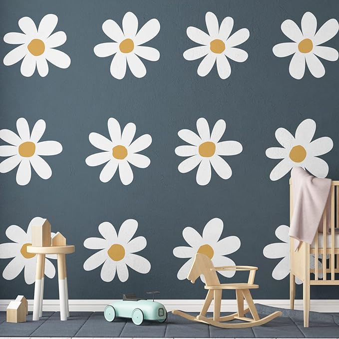 TaoBary 12 Sheets Daisy Wall Decal Flower Wall Sticker Cute Daisy Sticker Pink White Flower Decal Peel and Stick Floral Wallpaper for Nursery Bedroom Home Decor(White, Yellow,Vintage Style)