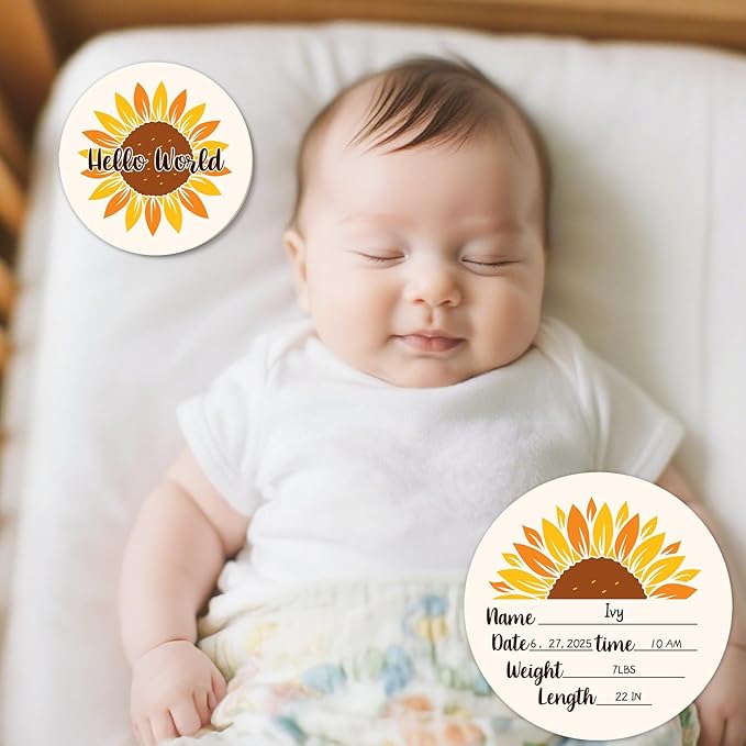 Baby Monthly Milestone Cards Sign - 13Pcs Double Sided Sunflower Milestone Markers, Flower Pattern Wooden Circles Discs Newborn Announcement Marker, Baby Shower Newborn Sign Photo Cards Gift Set