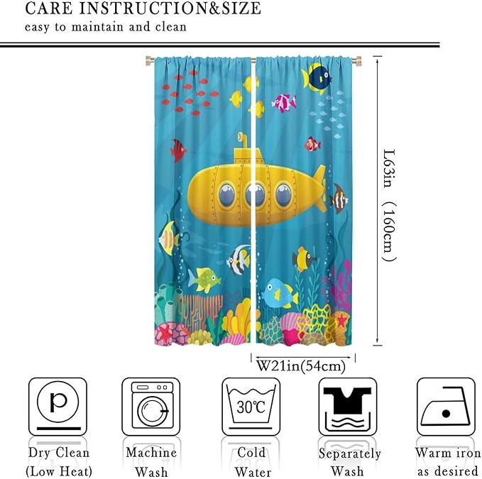 Boy Window Curtains Submarine Window Drapes Yacht Window Treatments Underwater World Oasis Thermal Drapes for Kids Girls Toddler Teens Room Dorm Decor Set 2 Panels,42x63 Inches, Style-1