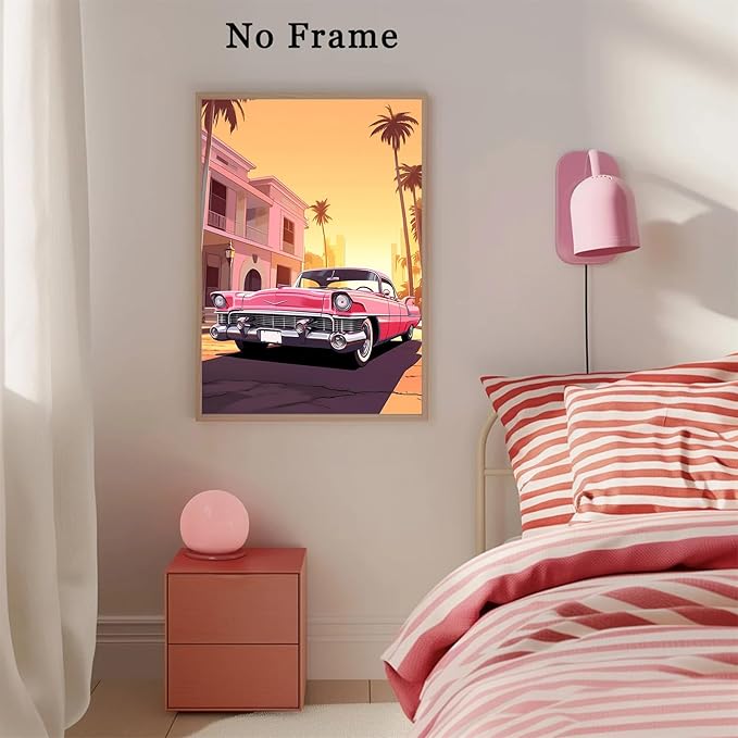 Pink Car Canvas Palm Tree Artwork Southwestern Canvas Wall Prints Pink Desert Painting Desert Mountain Wall Art Vintage Summer Poster Trendy Preppy Painting Summer Aesthetic Prints 16x24inch Frameless