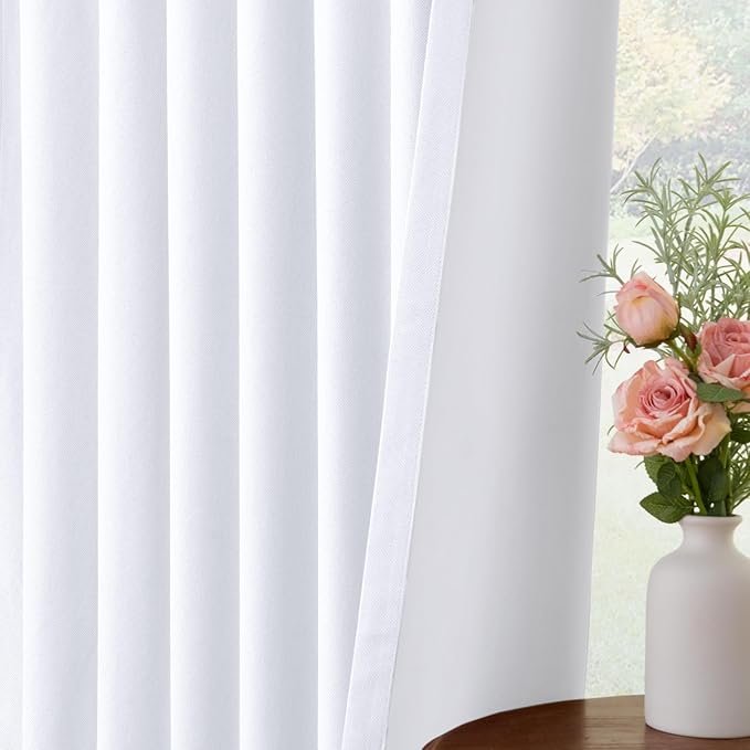 INOVADAY 100% Blackout Curtains for Bedroom, Black Out Curtains 108 Inch Long, Clip Rings Linen Blackout Drapes, Thermal Insulated Room Darkening for Living Room, 2 Panels - Brightwhite,W50xL108