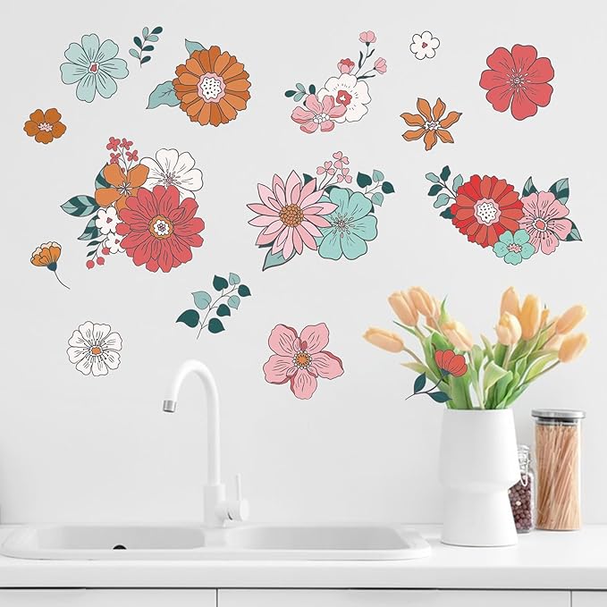 Yovkky Boho Vintage Groovy Flower Wall Decals Stickers, Bohemian Retro Floral Daisy Hippie Home Bedroom Decor, Hippy Wildflower Butterfly Living Room Kitchen Decorations Art