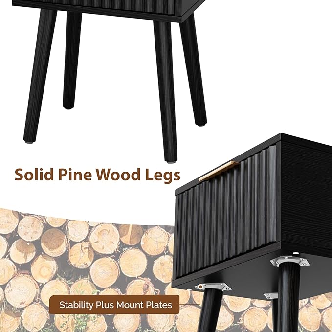 VINGLI Night Stand, Fluted Nightstand Wood, Mid Century Modern Nightstand for Bedroom, Bedside Table, Wood Side Table, Small Night Stand Black, 15.75" W*11.81" D*21.85" H