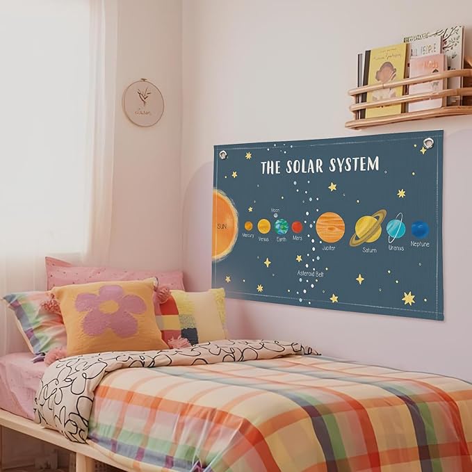 Solar System for Kids, Space Nursery Decor, Space Themed Room Decor, Solar System Linen Canvas Banner Wall Hanging Flag Decor for Playroom 20x30