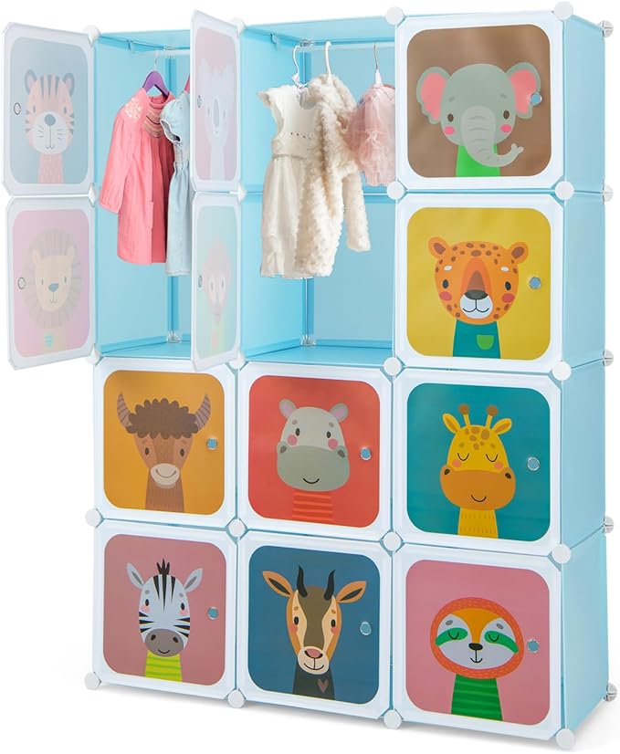HONEY JOY Kids Wardrobe Closet, Baby Cartoon Clothes Storage Organizer, 12 Cubes & 2 Hanging Sections, Portable Children DIY Modular Bedroom Armoire Dresser Cabinet for Boys Girls (Blue)