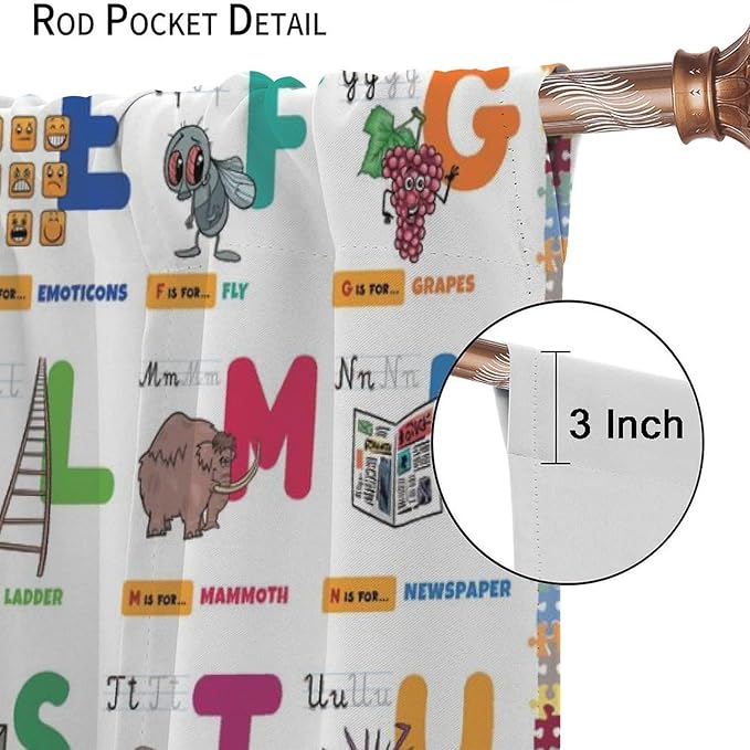 Alphabet Curtain for Kids Room ABC Letter Educational Learning Animal Number Printed Rod Pocket Blackout Window Drapes for Bedroom Playroom Classroom 63" W X 72" L