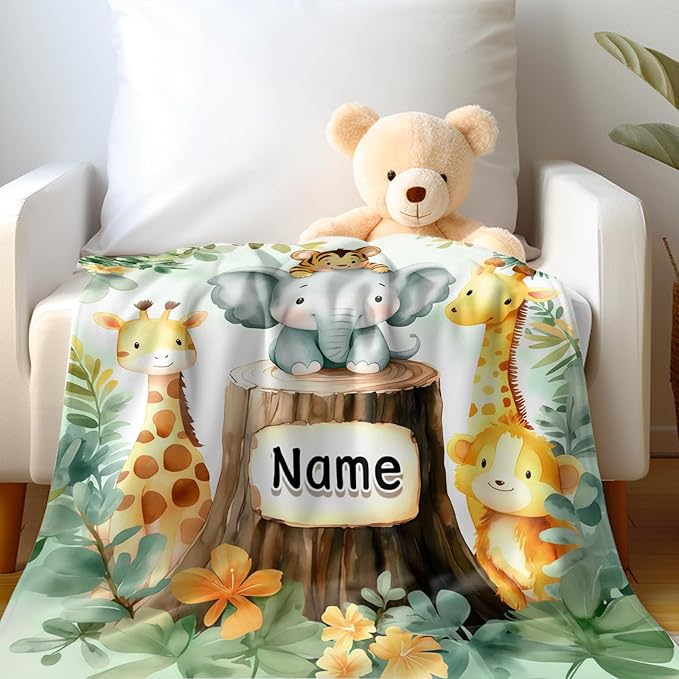 Ship Next Day, Personalized Baby Blanket - Printed in USA, Custom Baby Blanket with Name, Customized Animal Blankets for Boys & Girls, Soft Cozy Receiving Blankets for Toddlers, Stroller Decor Throw