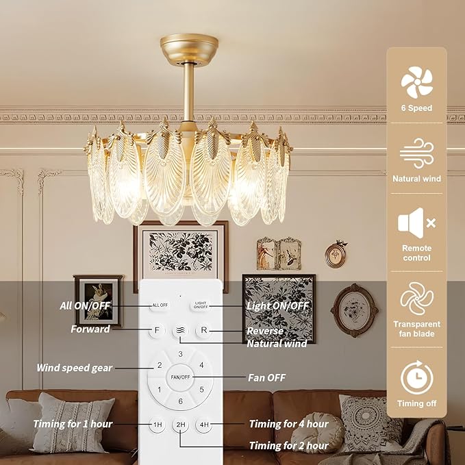 Crystal Fandelier Ceiling Fan with Light Chandelier Fan Glass Semi Flush Mount Remote Control 6 Speeds 20 Inch Low Profile for Girl's Bedroom Living Room Kitchen Island