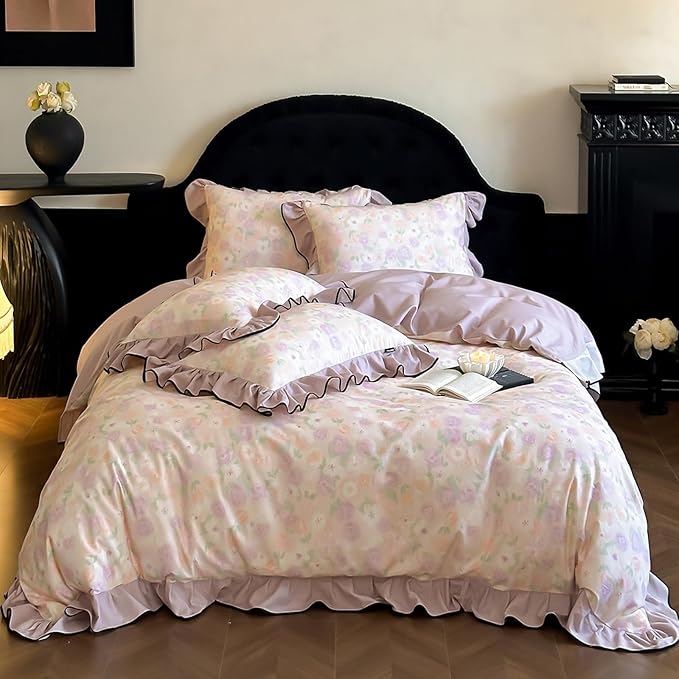 HighBuy Purple Floral Duvet Cover Twin XL Brushed Cotton,Ruffle Design 3 Piece Natural Cotton Soft Bedding Comforter Cover Set for Teen College Vintage Coquette Bedding Breathable