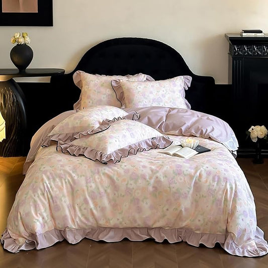 HighBuy Ruffle Duvet Cover Full Size,Farmhouse Purple Floral Brushed Cotton Durable Bedding Comforter Cover with 2 Ruffle Lace Pillowcases,Chic Cottagecore Natural French Style,Full