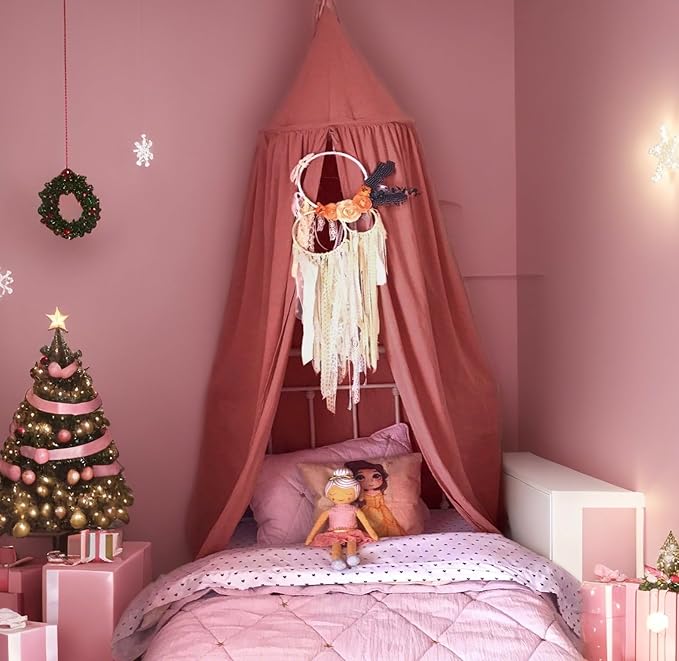 Princess Bed Canopy for Girls, Extra Large Hanging Canopy for Bed, Dreamy Play Tent for Girls Room Bedroom Decoration, Breathable Canopy Bed Curtain for Children Reading Nook - Rose Red