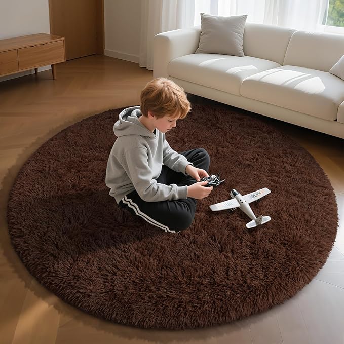 EVOIONOS Coffee Round Rug for Bedroom, 4x4 Ft Fluffy Soft Circle Area Rugs for Living Room, Plush Shaggy Circular Carpet for Indoor Floor Bedside Kids Nursery, Machine-Washable Home Decor Aesthetic
