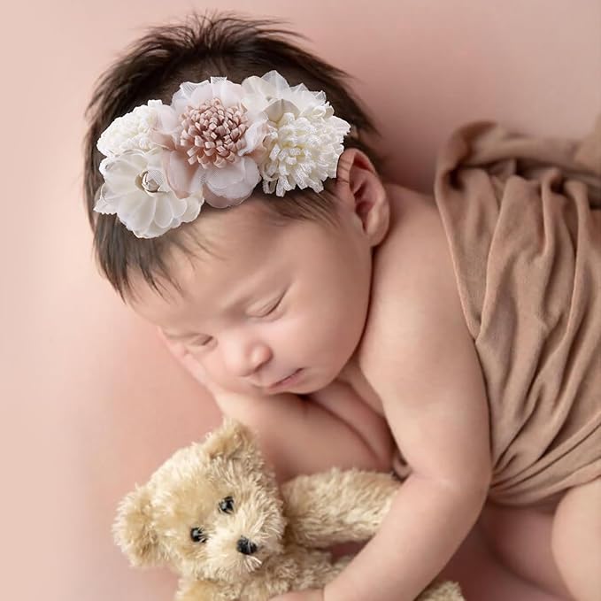 Baby Girl Floral Headbands- 3pcs Nylon Headband Handmade Flower Crown Elastic Hairband Newborn Toddler Hair Accessories Gifts for Girls （1-6 years old）