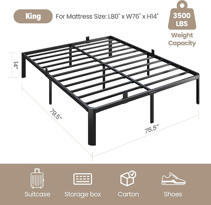 Metal Bed Frame King Size, 14 Inch 3500 lbs Heavy Duty Platform Bed Frames Steel Slats Noise Free No Box Spring Needed, Easy Assemble Sturdy Bedframe with Storage and Mattress Retainers