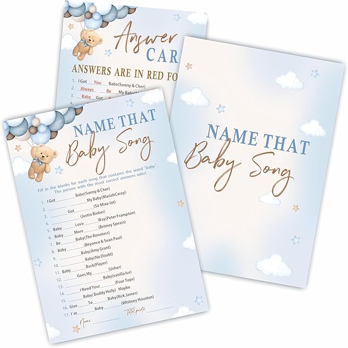 30 Name That Baby Song Game Cards For Baby Shower Game & Activity - Bear & Balloons - Mommy Or Daddy Double-Sided Fill In Game Cards, Gender Reveal Game For Baby Shower Party Favors & Decorations-C01