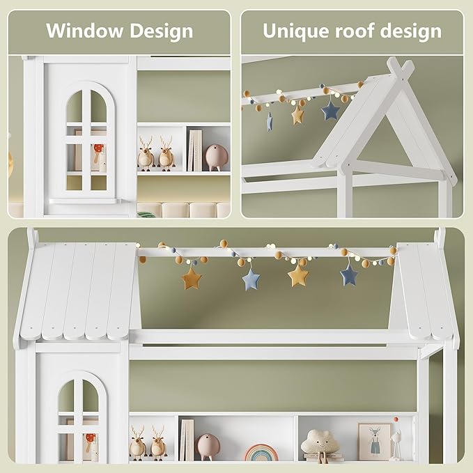 Twin House Bed with Drawers and Window, Solid Wood House Platform Bed with Shelves, Twin Bed Frame with House-shaped Roof for Kids, Boys, Girls, No Box Spring Needed and Childlike Design, White