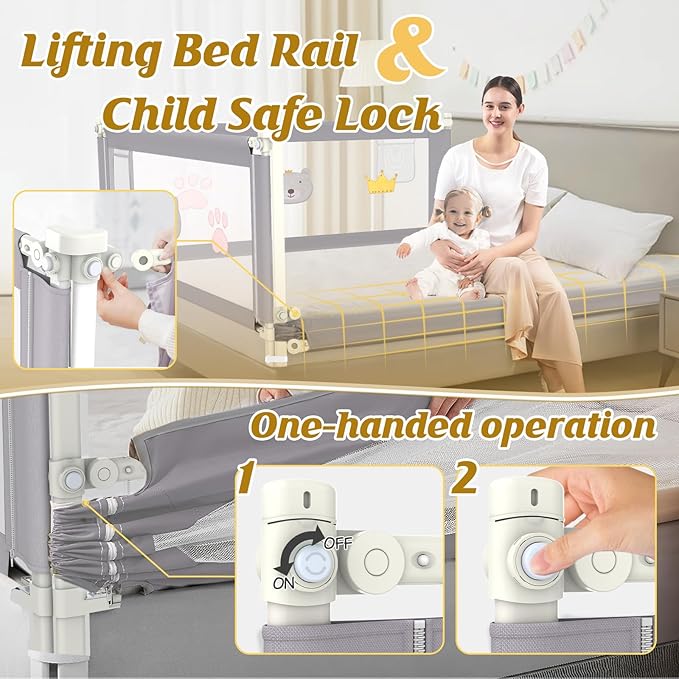 Height Adjustable Bed Rail for Toddlers, Kids Safety Baby Bed Rail for Twin/Full/King/Queen Size Bed (3 Sides, 74 * 74 * 39 Inch)