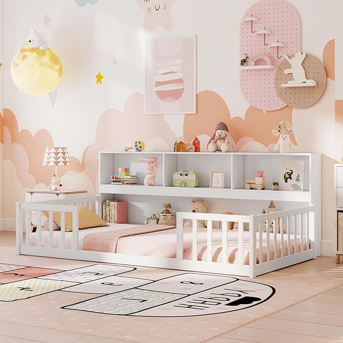 Giantex Twin Floor Bed for Kids, Wooden Montessori Bed Frame with Bookcase, Storage Shelves & Safety Fence Rails, Floor Beds Twin for Girls, Boys, No Box Spring Needed, Without Slats, White