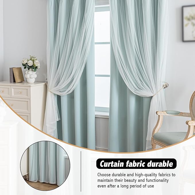 Anytime Home Curtains Blackout and Sheer Layered Solid Window Curtain Panel Pair with Grommet Top, 52Wx84L,Light Blue