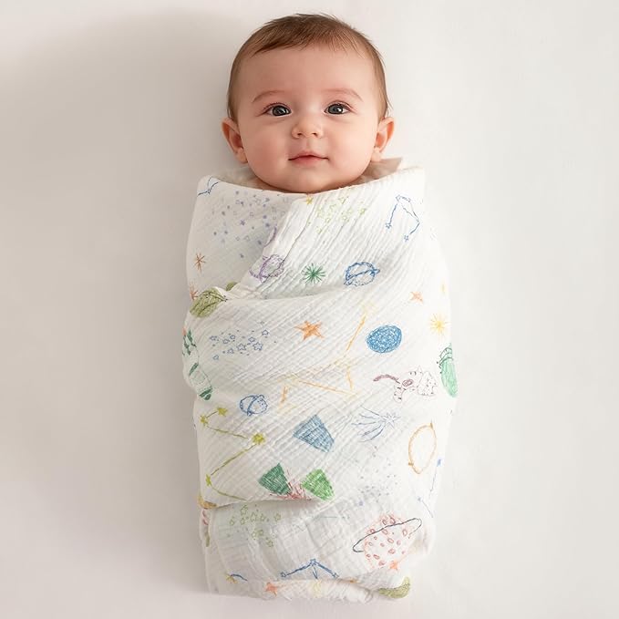 NTBAY 2 Layer Muslin Cotton Baby Swaddle Blanket, 30x40 Soft and Breathable Receiving for Newborns and Infants, Perfect for Crib, Stroller, Travel, Lightweight Nursery Blanket, Space Explorer