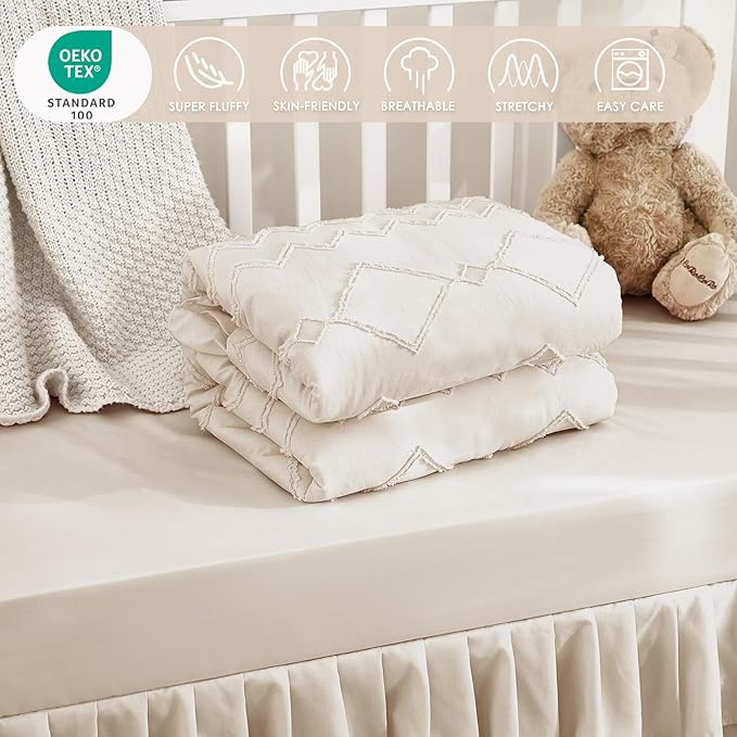 3-Piece Tufted Ruffle Crib Bedding Set for Girls - Ultra Soft Baby Bedding Set Includes Boho Crib Comforter, Sheet & Skirt (Beige)